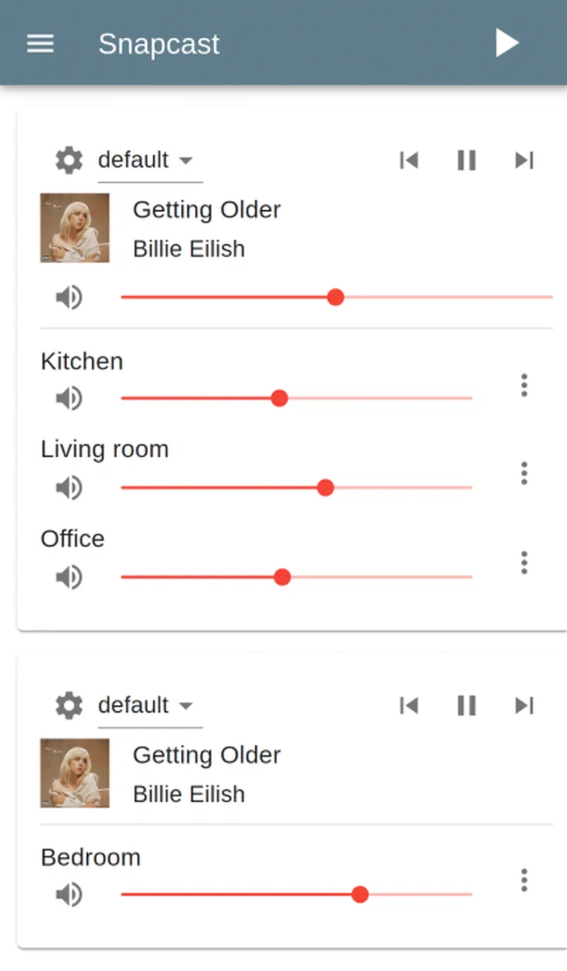 Snapweb interface showing client list with volume controls and group management