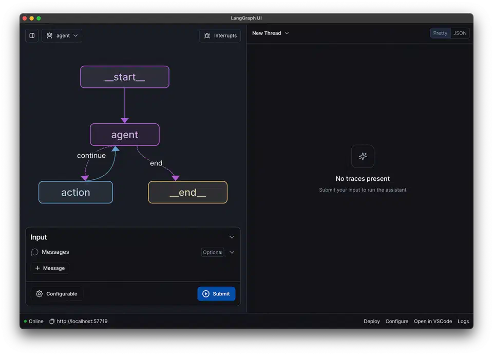 LangGraph Studio graph workspace showing agent nodes connected with directed edges and an input panel for testing