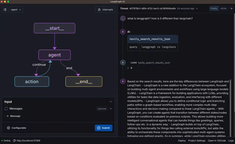 LangGraph Studio interface showing an agent graph with nodes, edges, and execution state alongside a chat panel