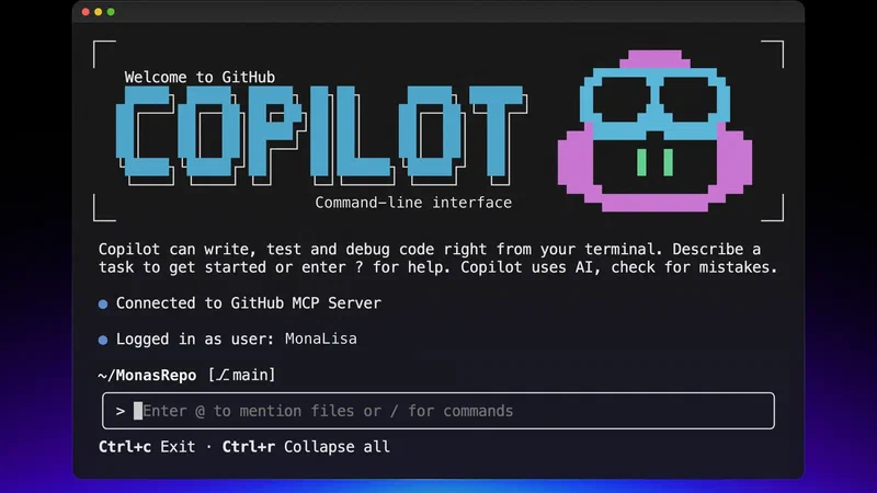 GitHub Copilot CLI welcome screen showing terminal interface with pixel art mascot and command prompts
