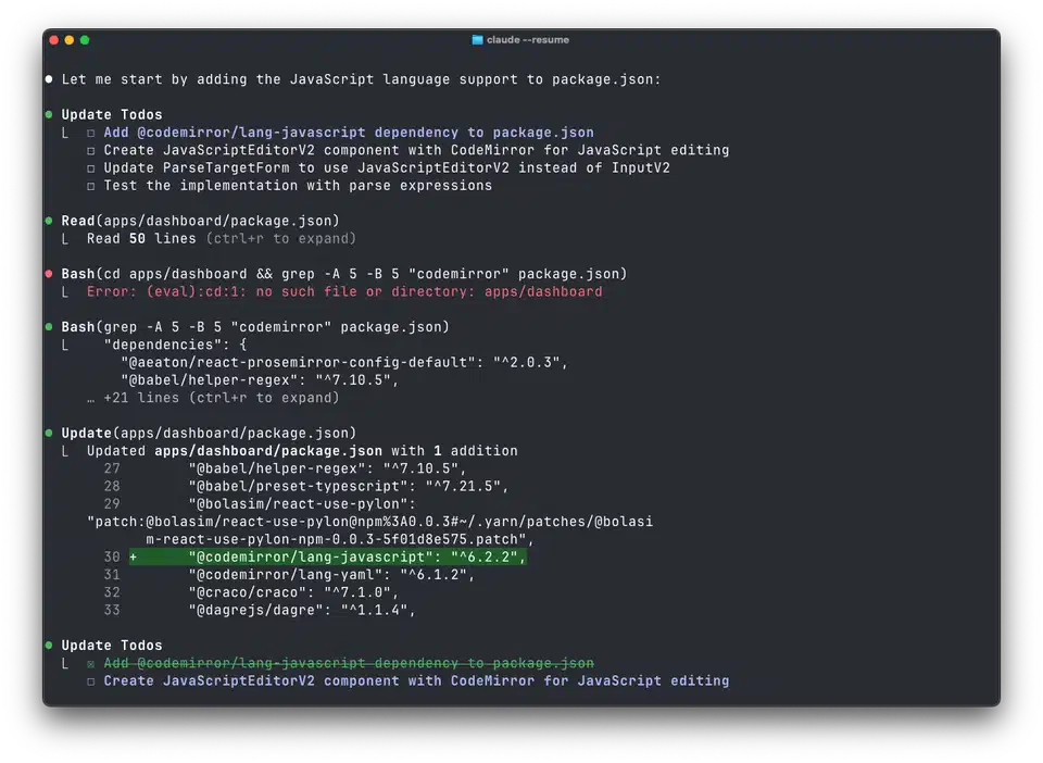 Claude Code showing a completed feature implementation with working code in a terminal session