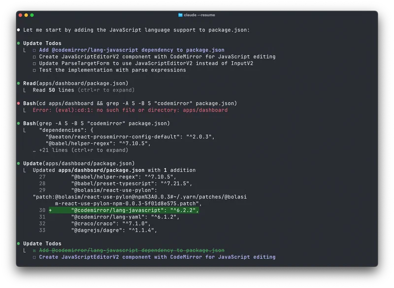 Claude Code showing a completed feature implementation with working code in a terminal session