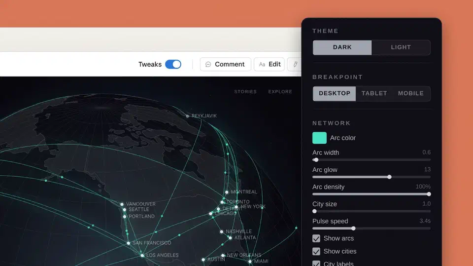 Claude Design interface showing conversational refinement of a visual prototype with inline controls
