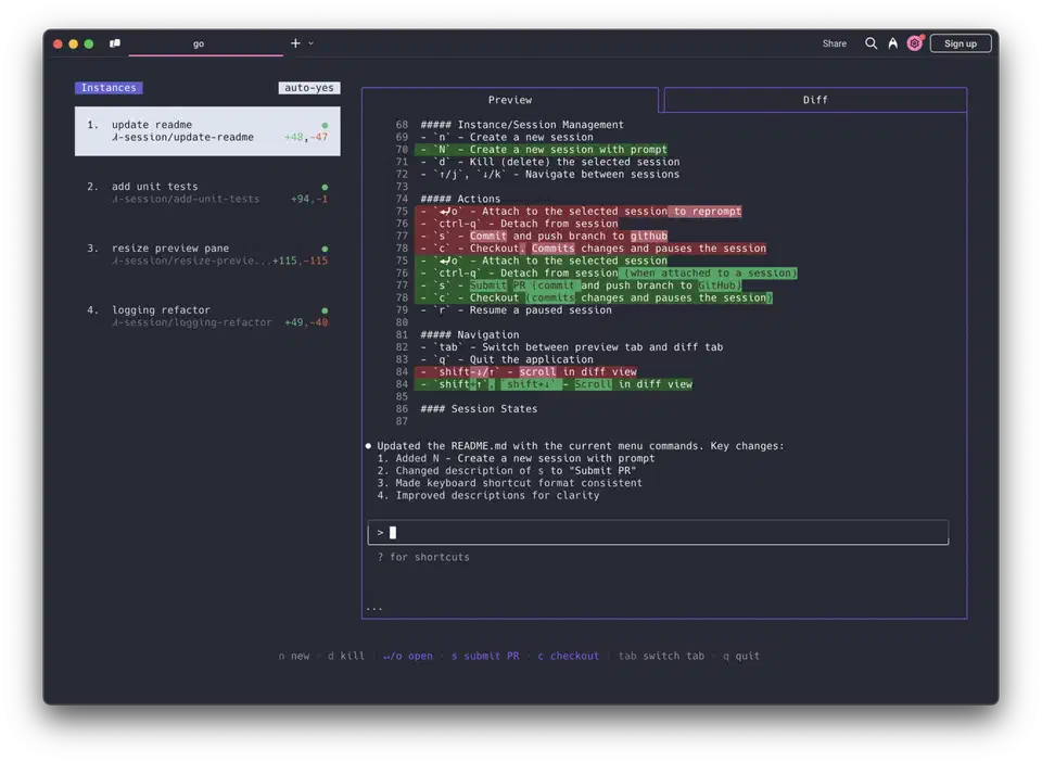 Claude Squad terminal interface showing multiple AI agent sessions with status indicators and diff review