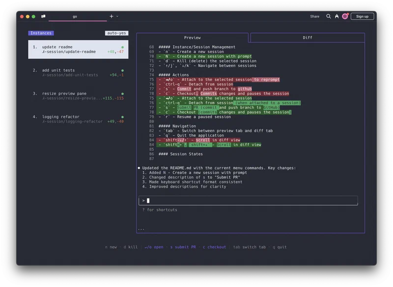 Claude Squad terminal interface showing multiple AI agent sessions with status indicators and diff review