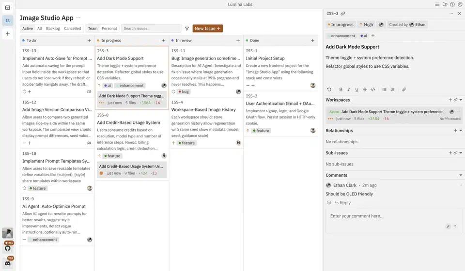 Vibe Kanban board interface showing parallel agent tasks with planning, prompting, and review columns