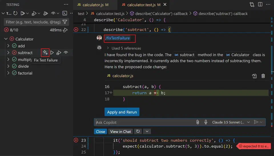 VS Code Copilot chat panel showing AI-powered test failure fix suggestions