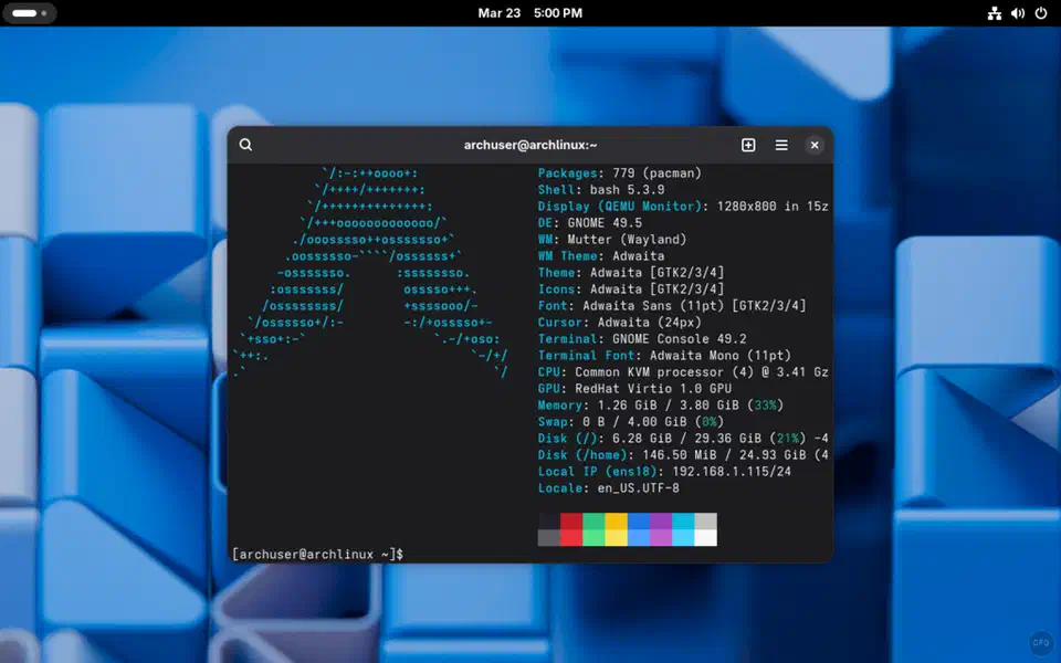 Arch Linux terminal showing fastfetch system information with kernel version, GNOME desktop, and hardware details