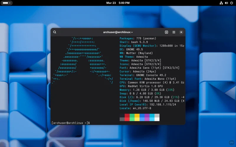 Arch Linux terminal showing fastfetch system information with kernel version, GNOME desktop, and hardware details