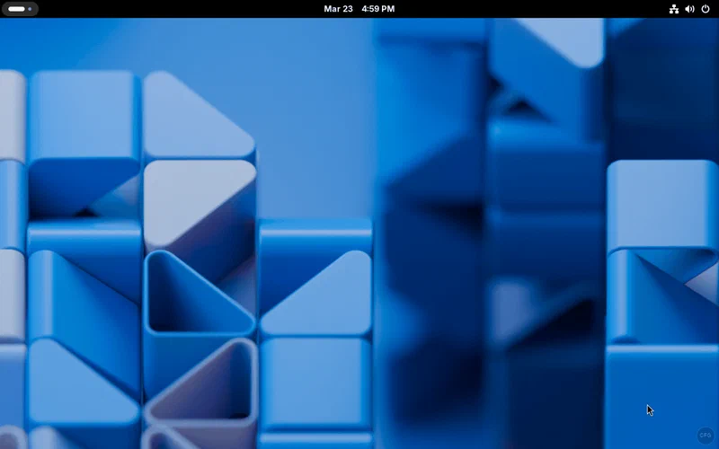 Arch Linux GNOME desktop showing the Activities overview with blue geometric wallpaper