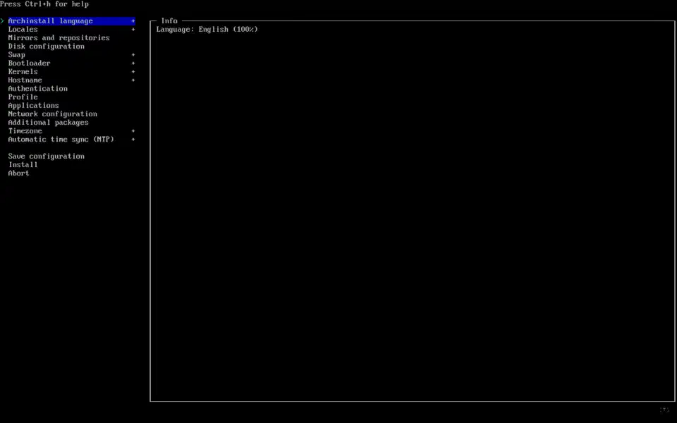 archinstall TUI main menu showing configuration options for language, disk, kernel, profile, and network