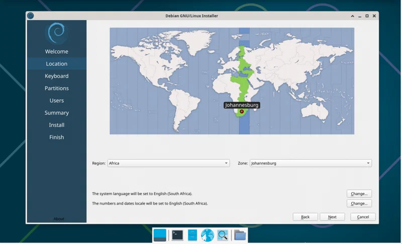 Debian Calamares graphical installer showing region selection on a world map