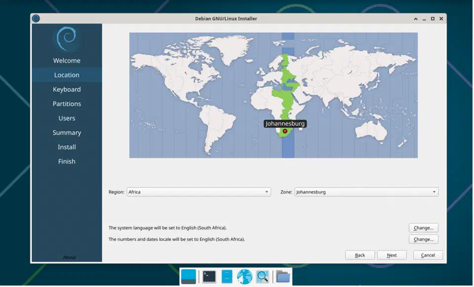 Debian Calamares graphical installer showing region selection on a world map