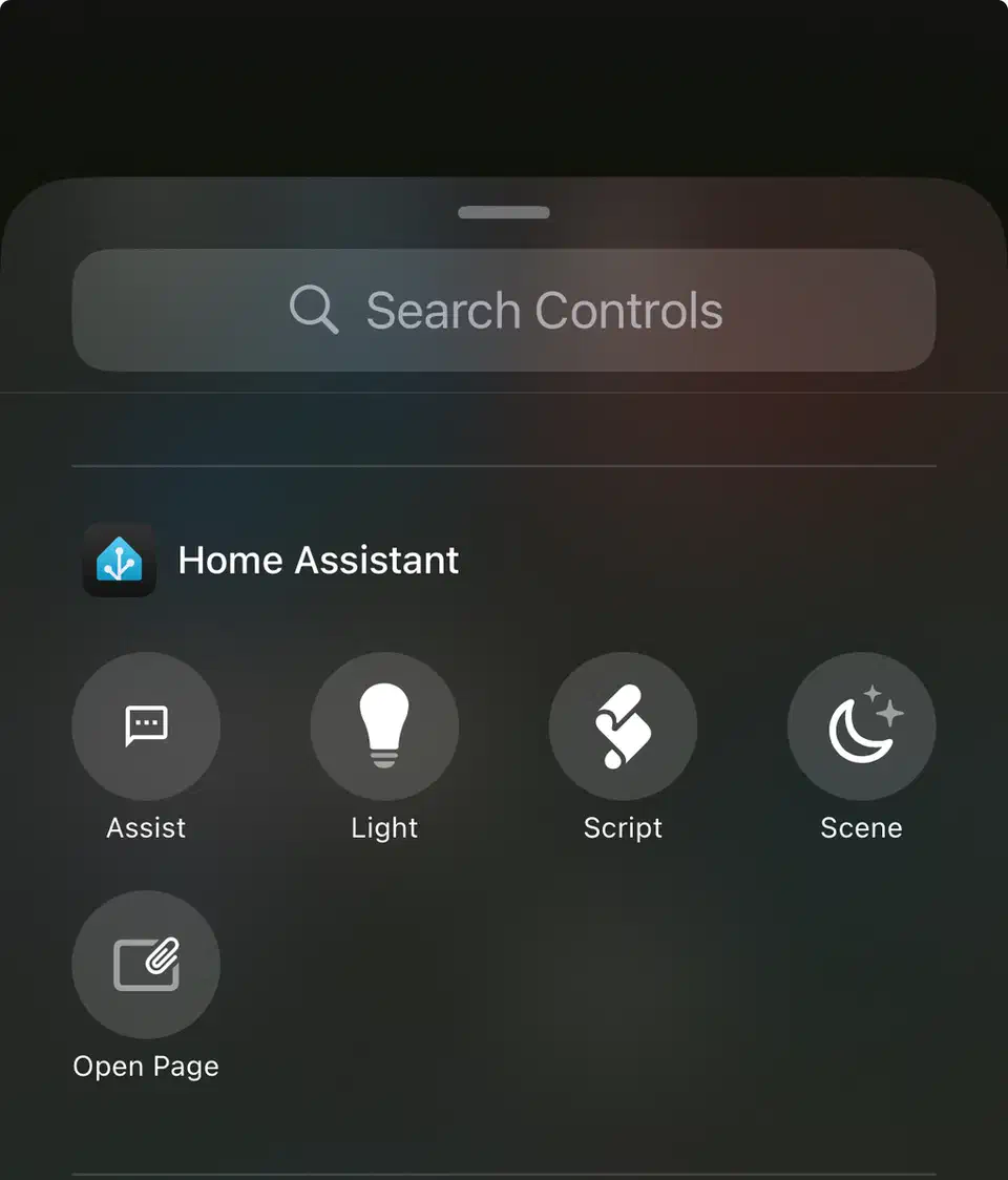 Home Assistant Companion App iOS Control Center showing Assist, Light, Script, and Scene controls