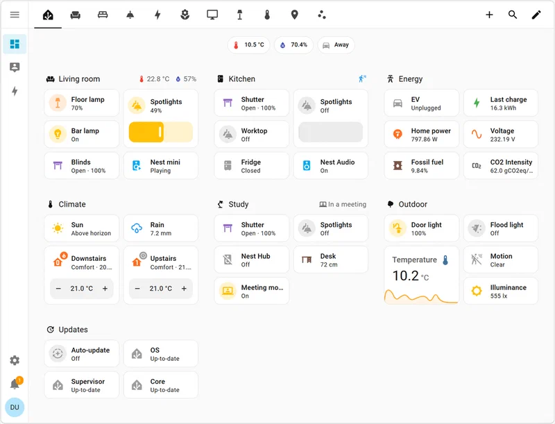 Home Assistant default sections view dashboard showing room-based tiles and entity controls