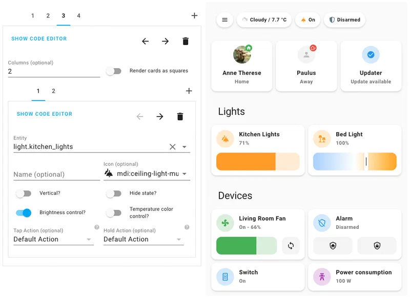 Mushroom cards for Home Assistant showing clean Material Design-inspired entity controls
