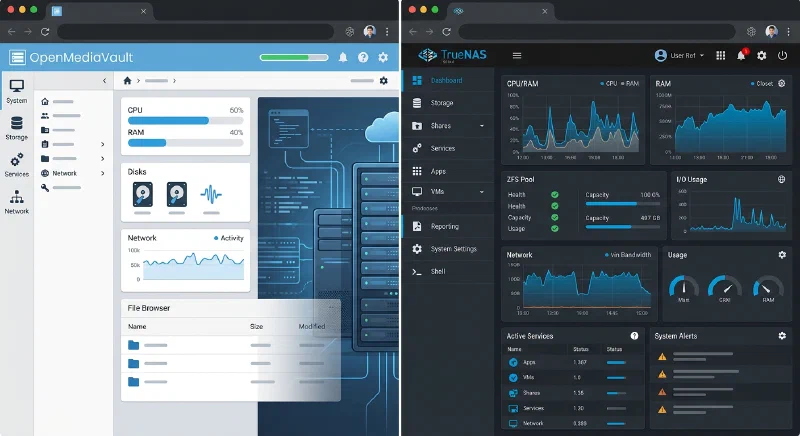 Software UI: OpenMediaVault vs. TrueNAS SCALE Dashboards
