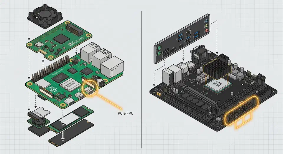 Hardware Connectivity: Raspberry Pi 5 PCIe HAT vs. Intel N100 Native SATA