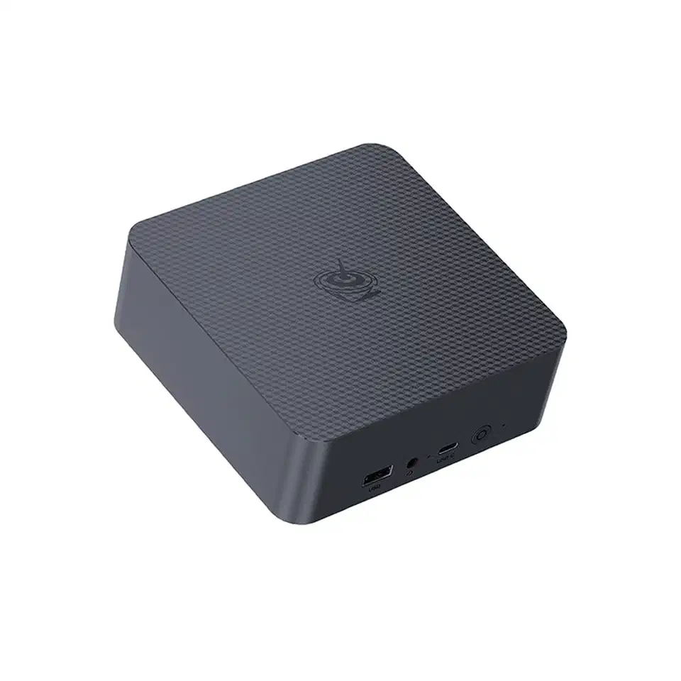 Beelink EQi12 fanless mini PC showing the compact aluminum chassis with passive cooling fins