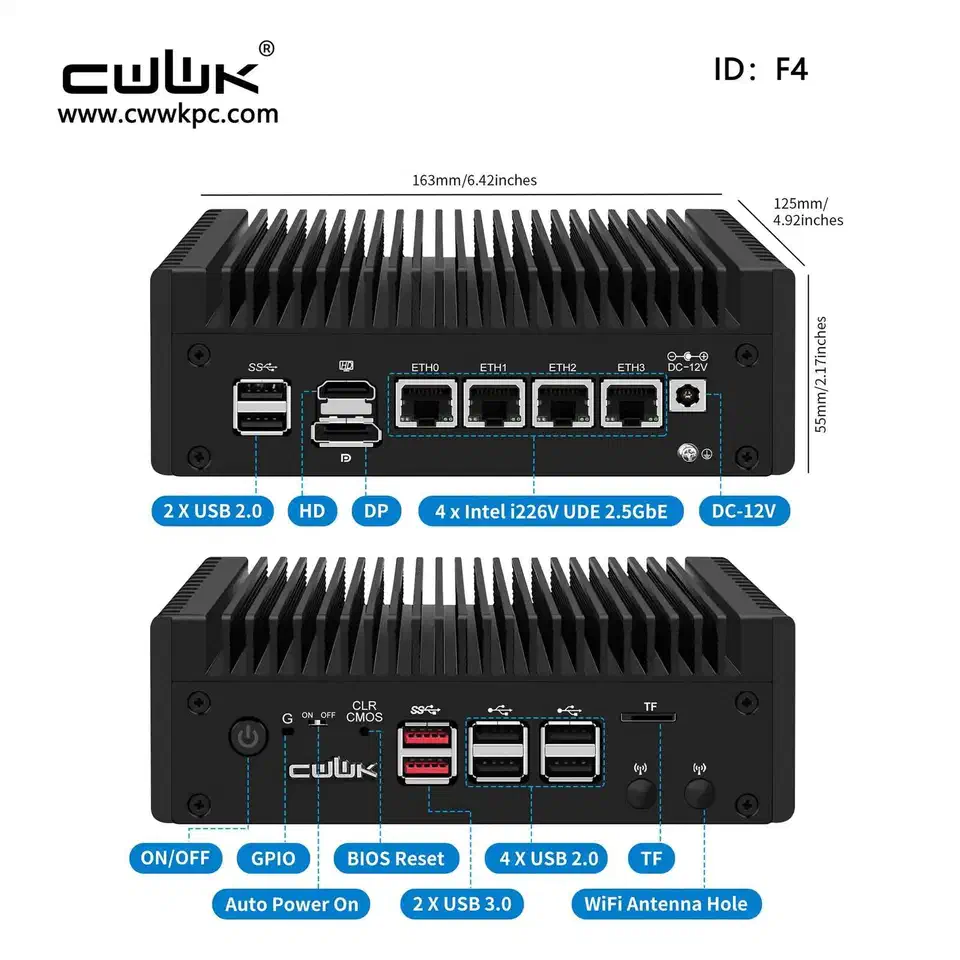 CWWK F4 fanless mini PC with aluminum heatsink chassis and four 2.5GbE Ethernet ports