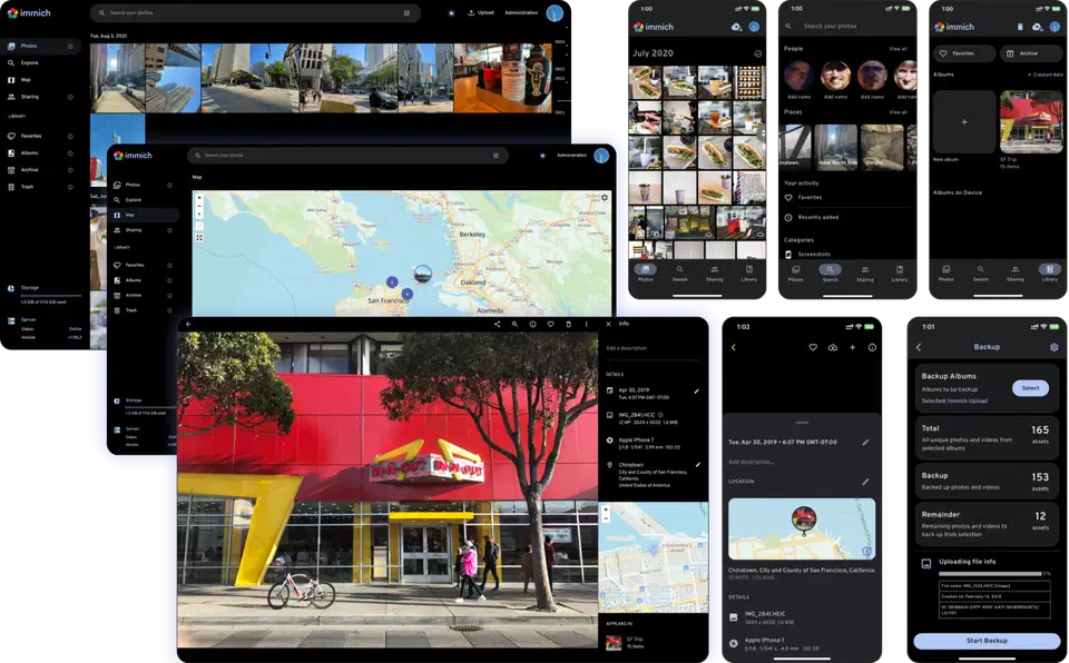 Immich photo management interface showing a timeline view with face recognition, map, and album features across mobile and web