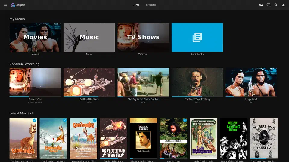 Jellyfin home screen showing a media library with movie posters, continue watching section, and customizable categories