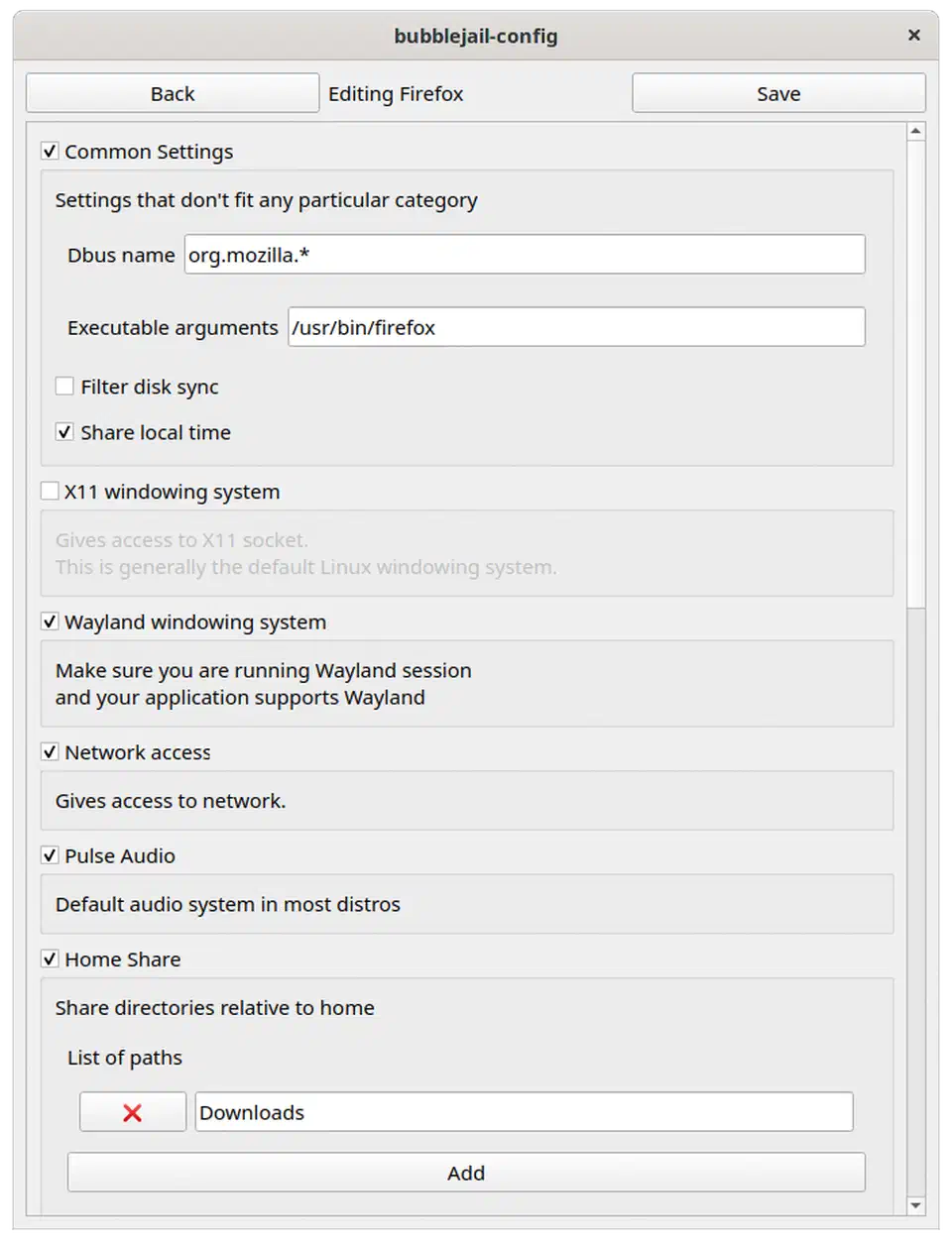 Bubblejail configuration GUI showing sandbox instance settings