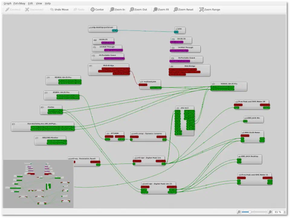 qpwgraph Qt-based PipeWire patchbay showing audio nodes connected in a visual graph with source and sink ports
