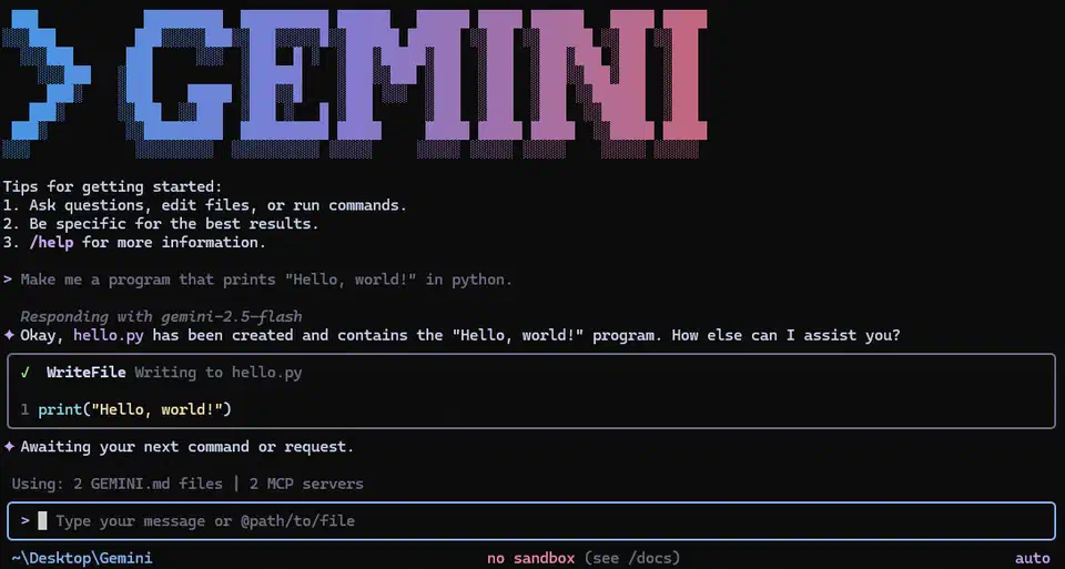 Gemini CLI running in a terminal session showing the agent interface with code interaction