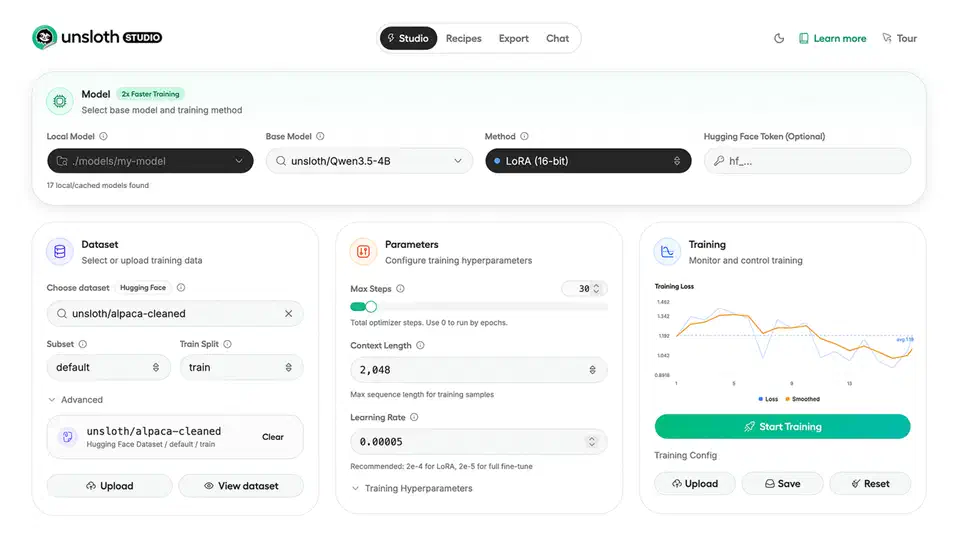 Unsloth Studio web interface showing model training and chat capabilities