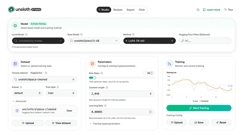 Unsloth Studio web interface showing model training and chat capabilities