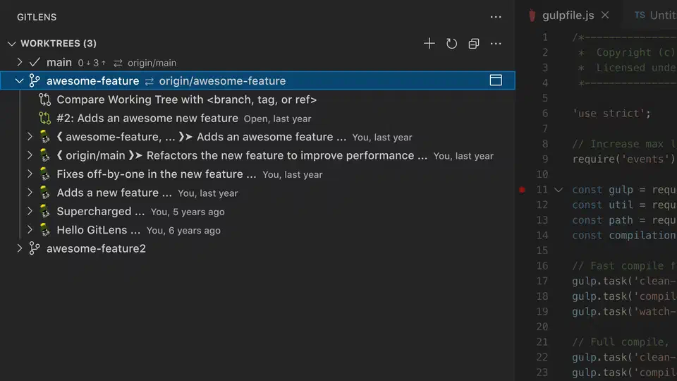 GitLens worktrees view panel in VS Code showing worktree management interface