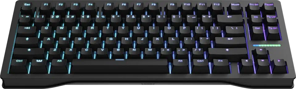 Wooting 80HE keyboard full top-down view showing TKL layout with aluminum frame and RGB underglow