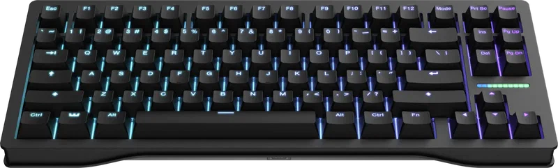 Wooting 80HE keyboard full top-down view showing TKL layout with aluminum frame and RGB underglow