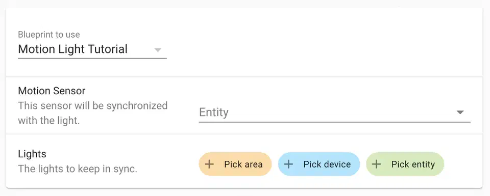 Home Assistant blueprint configuration form with input fields for motion sensor and light selection