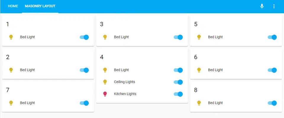 Layout-card masonry mode distributing cards across columns based on height