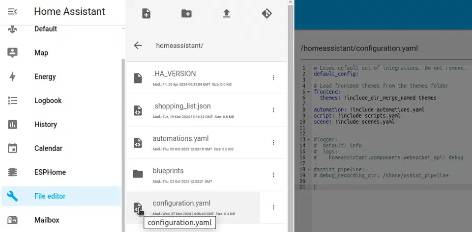 Home Assistant configuration.yaml displayed in the built-in File Editor add-on