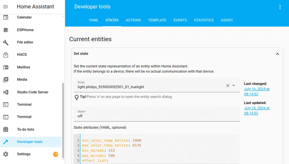 Home Assistant Developer Tools interface with YAML, States, Actions, Template, Events, and Statistics tabs