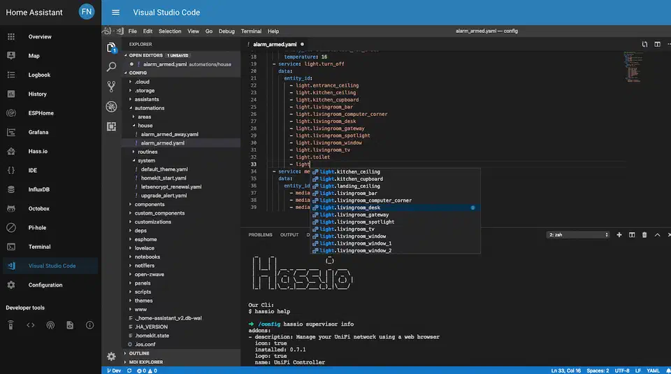 Studio Code Server add-on running inside Home Assistant with YAML files open for editing