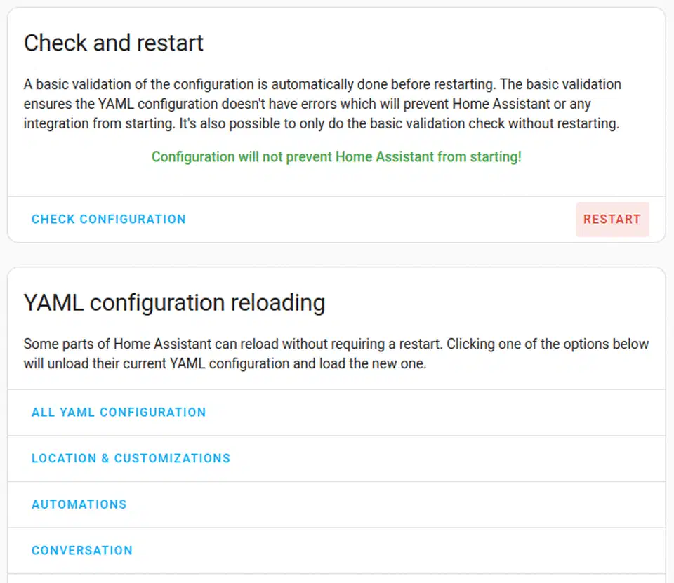 Home Assistant YAML configuration reload panel listing individual integration domains that can be reloaded