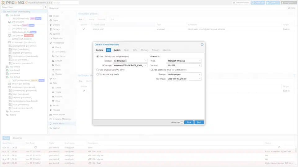 Proxmox VE VM creation wizard showing OS type selection, machine type, CPU, memory, and disk configuration options