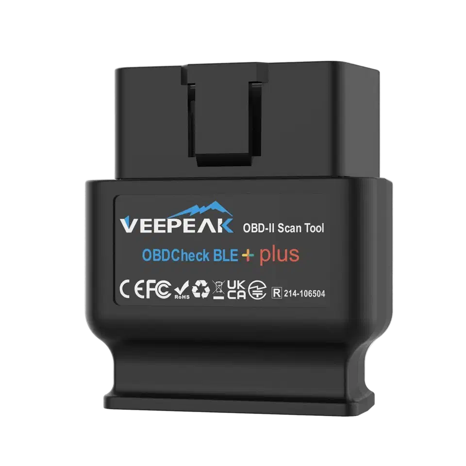 Veepeak OBDCheck BLE+ Bluetooth OBD-II adapter, a compact black dongle that plugs into the car&rsquo;s diagnostic port