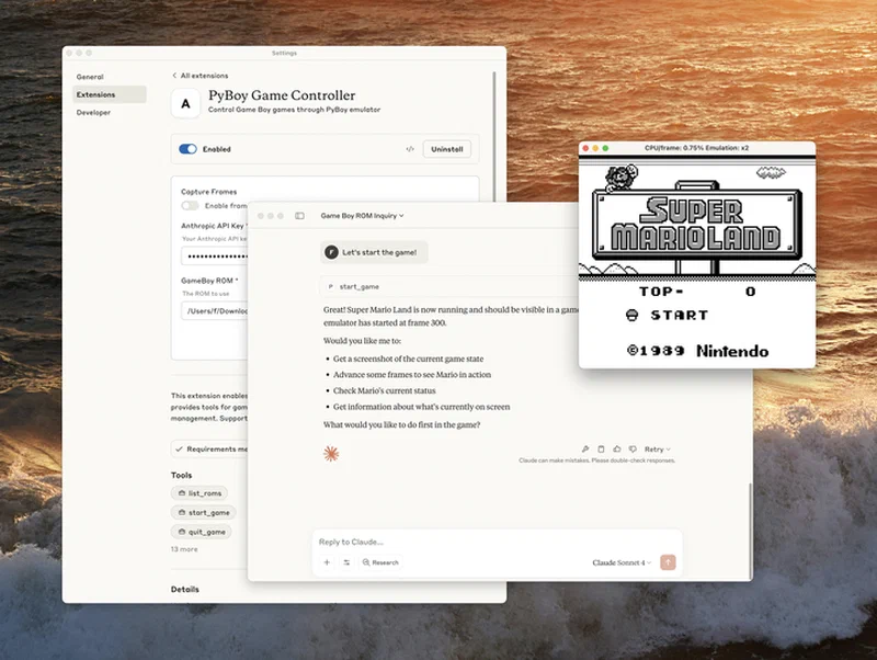 Claude Desktop running a PyBoy GameBoy emulator through a Desktop Extension, demonstrating MCP server control of local applications