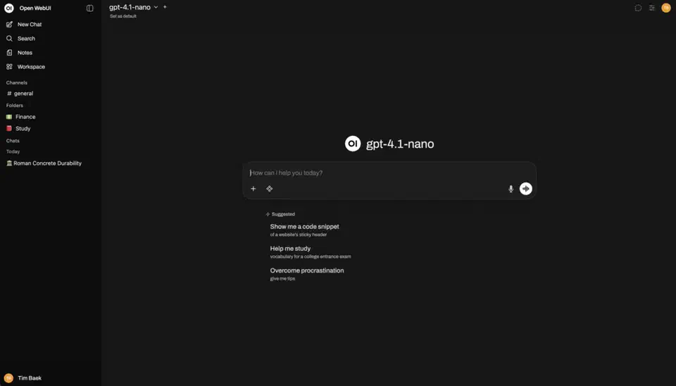 Open WebUI chat interface showing conversation sidebar, model selector, and suggested prompts