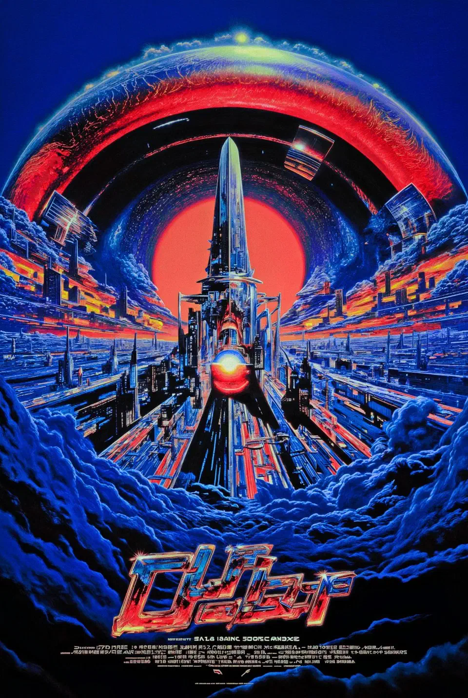 FLUX 2 Max sample output showing a retro-futuristic cityscape with Japanese-inspired typography and cosmic sky