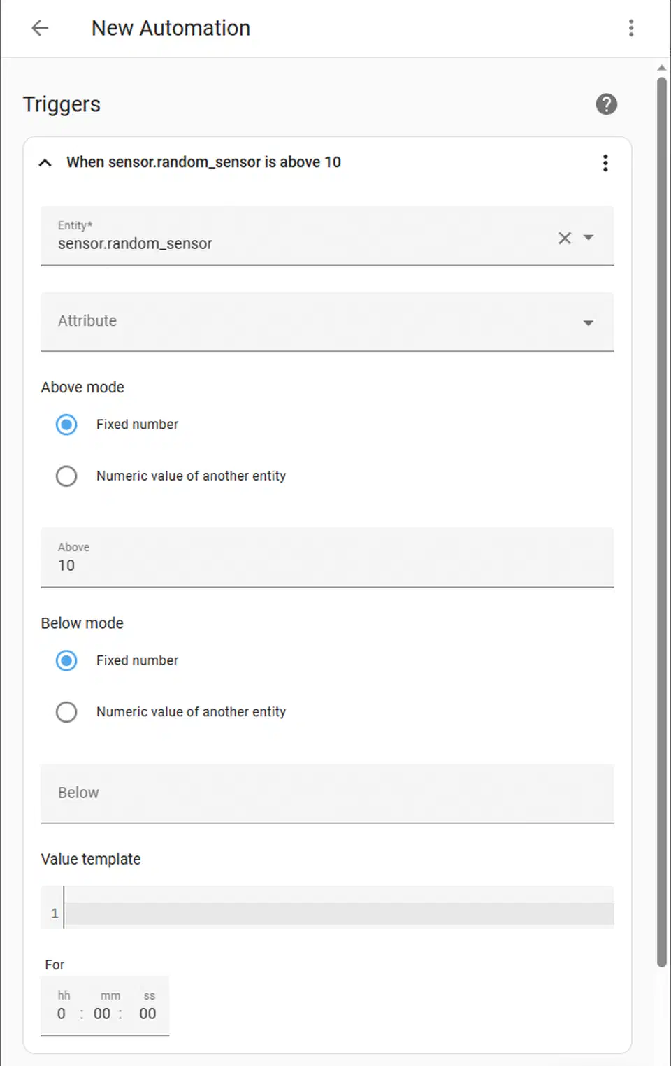 Home Assistant automation editor showing a configured trigger with entity and threshold settings