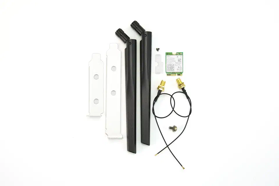 Intel BE200 WiFi 7 upgrade kit with M.2 card, external antennas, pigtail cables, brackets, and mounting screw