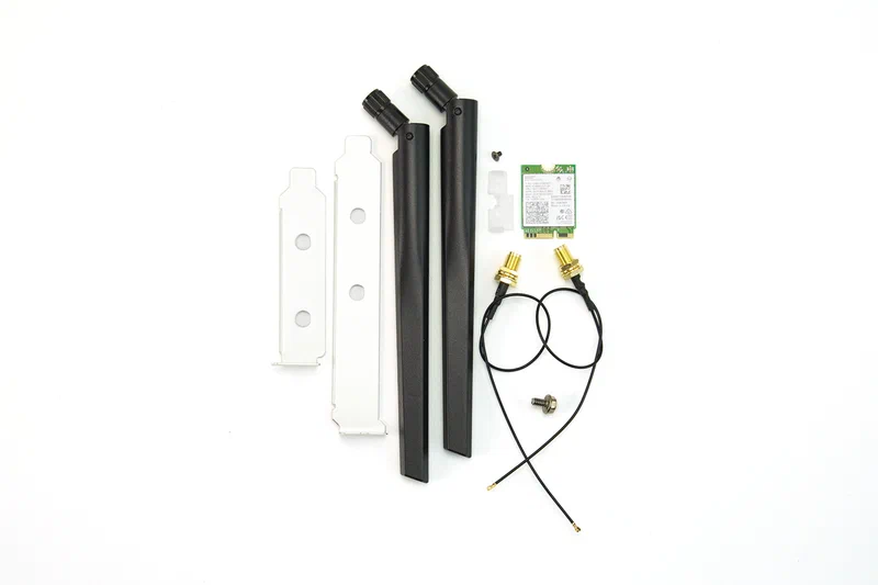 Intel BE200 WiFi 7 upgrade kit with M.2 card, external antennas, pigtail cables, brackets, and mounting screw