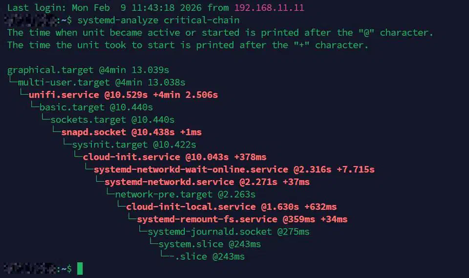 systemd-analyze critical-chain terminal output showing dependency tree with timing annotations in a dark terminal