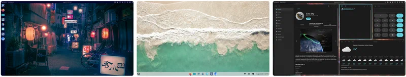 COSMIC desktop environment showing three different theme variations with integrated panel, app launcher, and auto-tiling